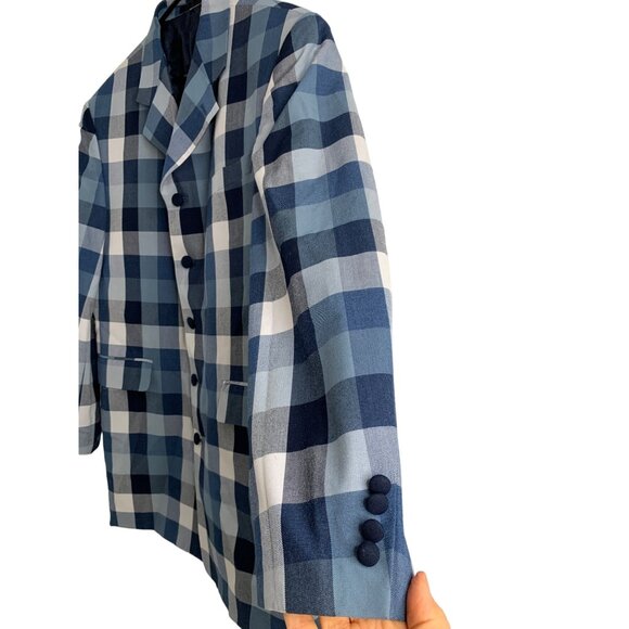 Mens Falcone Blue Check 5 Button Ventless Blazer Coat Size 42R EUC Lined 7145 - Picture 6 of 14